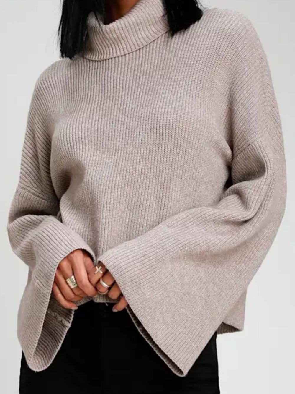 Lulus Taupe Ribbed Turtleneck Bell-Sleeve Sweater